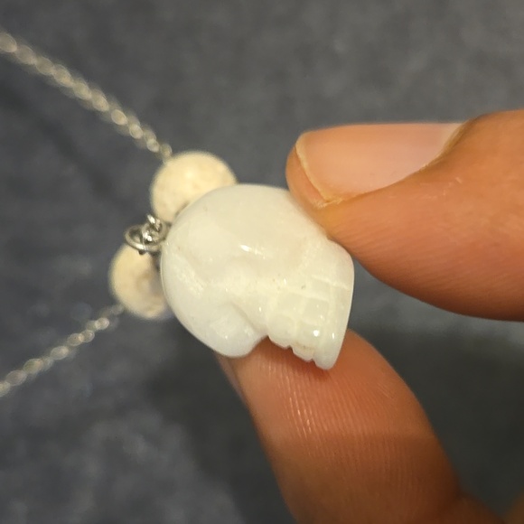 Carved White Jade Skull & Lava Stone Healing & Protection Natural Stone Necklace - Picture 3 of 6